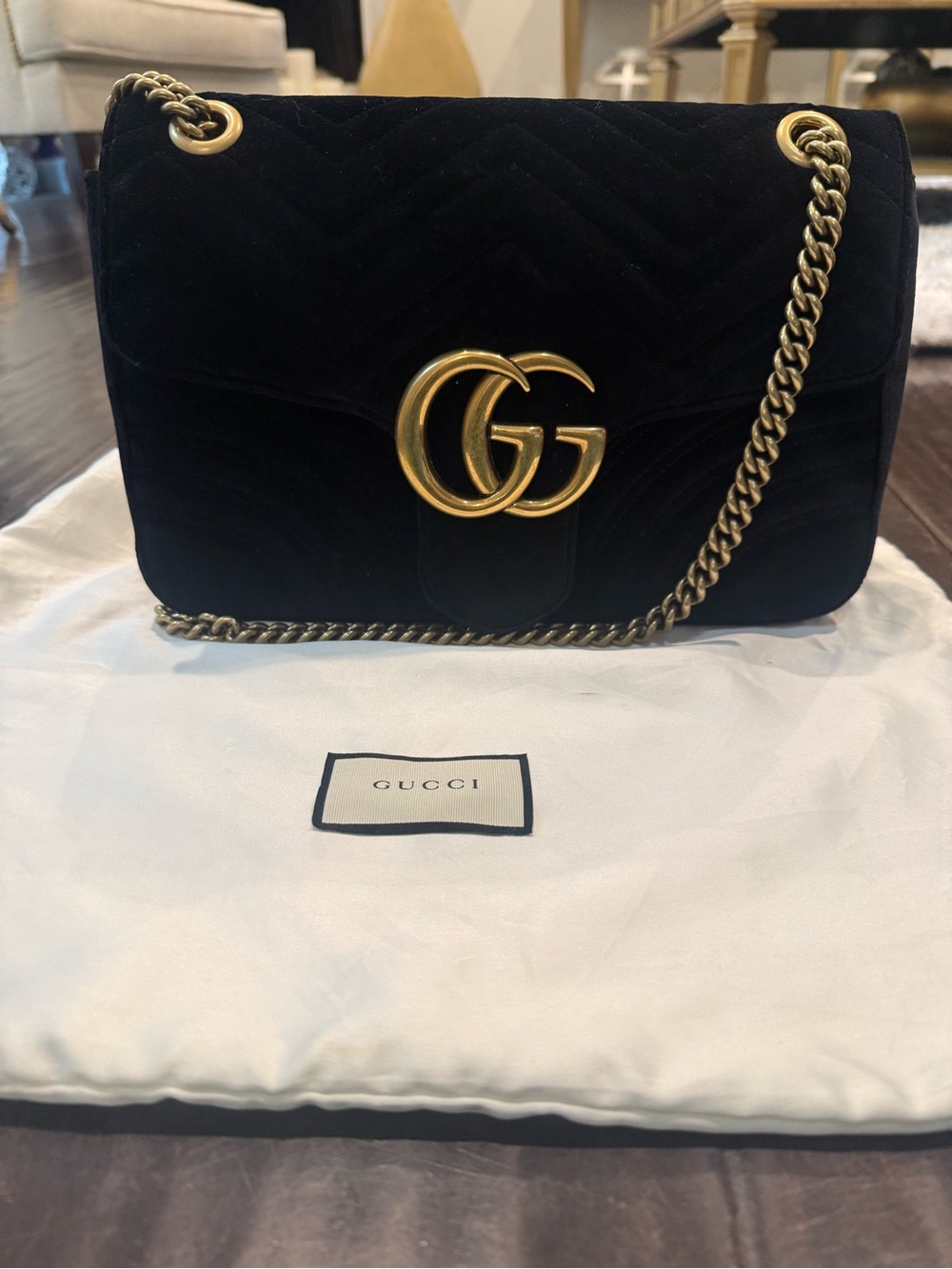 Gucci Black Velvet GG Marmont Chain Shoulder Bag with Gold Hardware